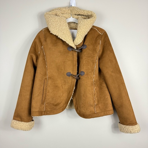 Anthropologie Jacket Womens 6 Ett:taw Hooded Sherpa Faux Suede Brown Tan Coat - Picture 2 of 14